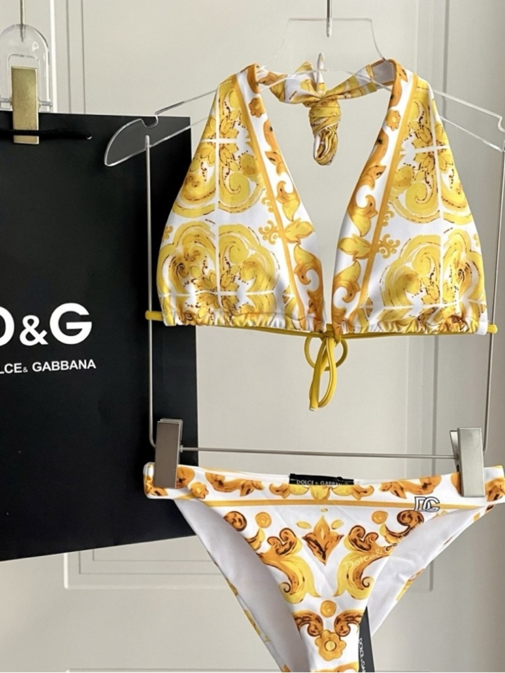 Dolce & Gabbana White and Yellow Baroque Halter Bikini